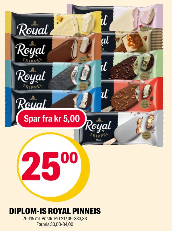 DIPLOM-IS ROYAL PINNEIS 75-115 ml. Pr stk. Pr l 217,39-333,33 Førpris 30,00-34,00 Spar fra kr 5,00