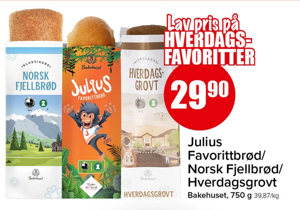Julius Favorittbrød/ Norsk Fjellbrød/ Hverdagsgrovt Lav pris på HVERDAGS-FAVORITTER Bakehuset, 750 g 39,87/kg