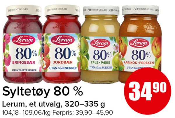 Syltetøy 80 % Lerum, et utvalg, 320–335 g 104,18–109,06/kg Førpris: 39,90–45,90