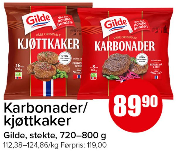 Karbonader/kjøttkaker Gilde, stekte, 720–800 g 112,38–124,86/kg Førpris: 119,00