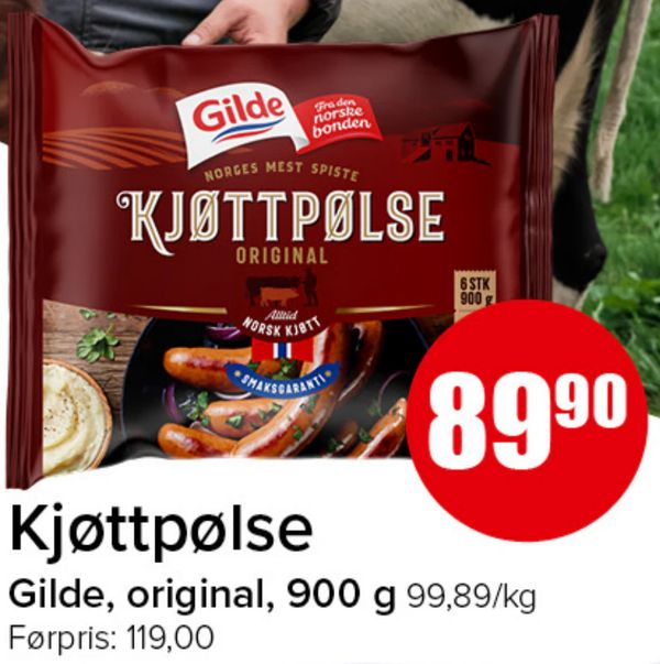 Kjøttpølse Gilde, original, 900 g 99,89/kg Førpris: 119,00