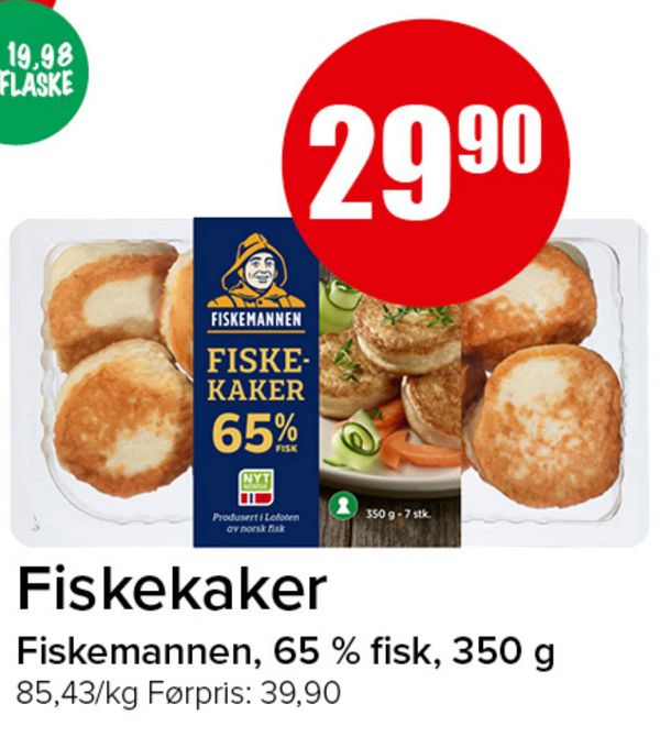 Fiskekaker Fiskemannen, 65 % fisk, 350 g
85,43/kg Førpris: 39,90
