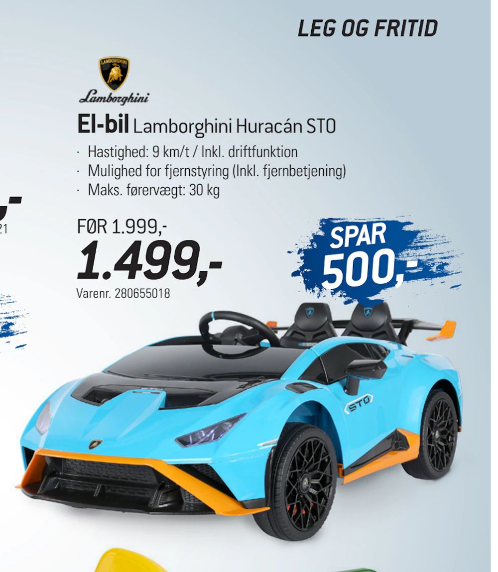 Tilbud på El-bil Lamborghini Huracán STO fra thansen til 1.499 kr.