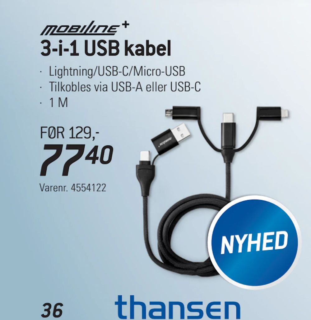 Tilbud på 3-i-1 USB kabel fra thansen til 77,40 kr.