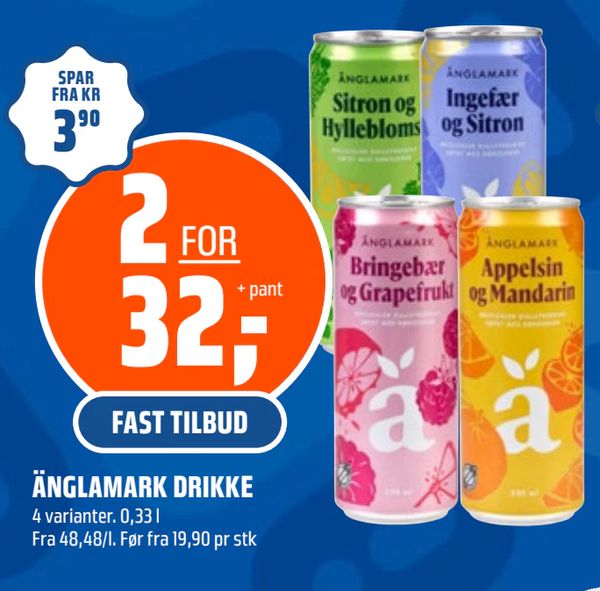 ÄNGLAMARK DRIKKE 4 varianter. 0,33 l Fra 48,48/l. Før fra 19,90 pr stk. + pant 2 FOR 32,- FAST TILBUD SPAR FRA KR 3,90