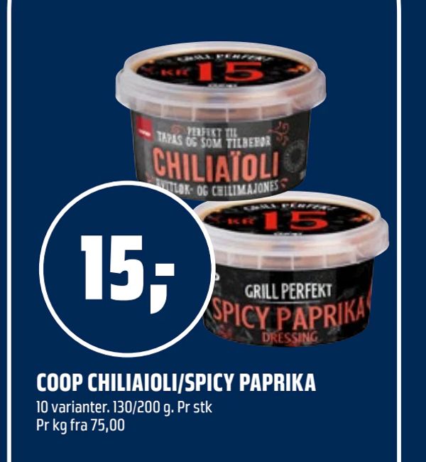 COOP CHILIAIOLI/SPICY PAPRIKA 10 varianter. 130/200 g. Pr stk Pr kg fra 75,00