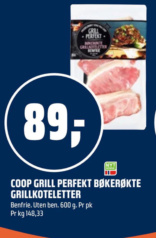 COOP GRILL PERFEKT BØKERØKTE GRILLKOTELETTER Benfrie. Uten ben. 600 g. Pr pk Pr kg 148,33