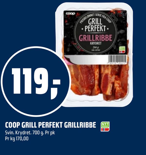 COOP GRILL PERFEKT GRILLRIBBE Svin. Krydret. 700 g. Pr pk Pr kg 170,00