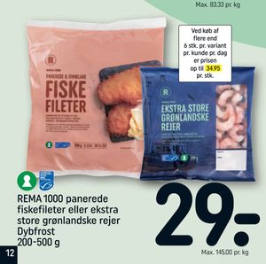 REMA 1000 panerede fiskefileter eller ekstra store grønlandske rejer Dybfrost 200-500 g