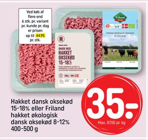 Hakket dansk oksekød 15-18% eller Friland hakket økologisk dansk oksekød 8-12% 400-500 g