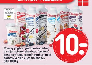 Cheasy yoghurt jordbær/rabarber, vanilje, naturel, skovbær, fersken/ passionsfrugt, protein yoghurt med blåbær/vanilje eller fraiche 5% 500-1000 g