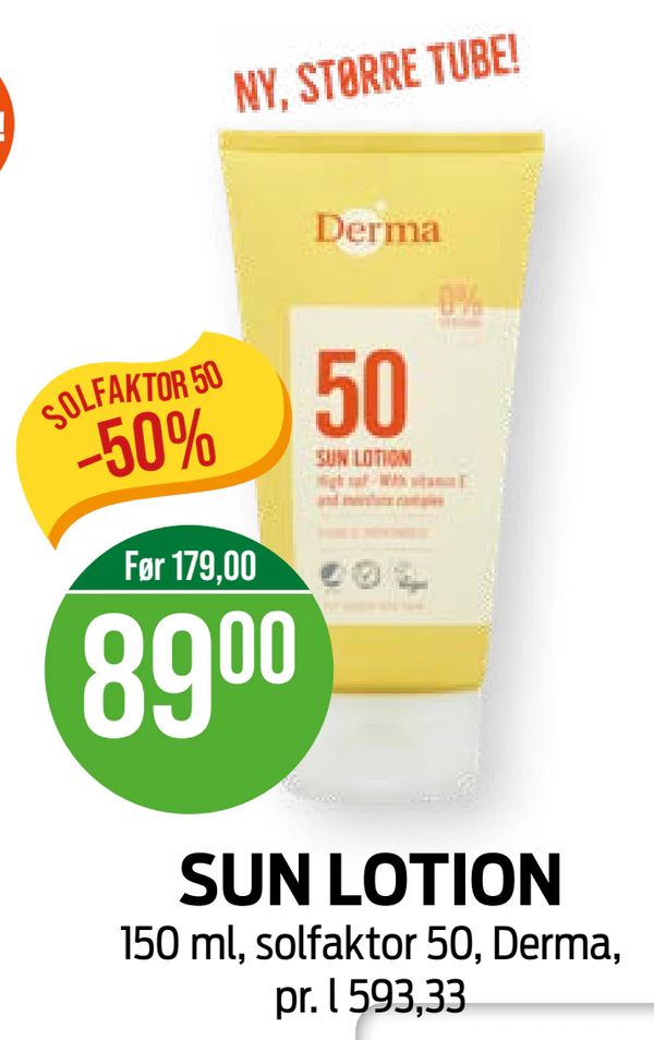 SUN LOTION 150 ml, solfaktor 50, Derma, pr. l 593,33 NY, STØRRE TUBE! SOLFAKTOR 50 -50%