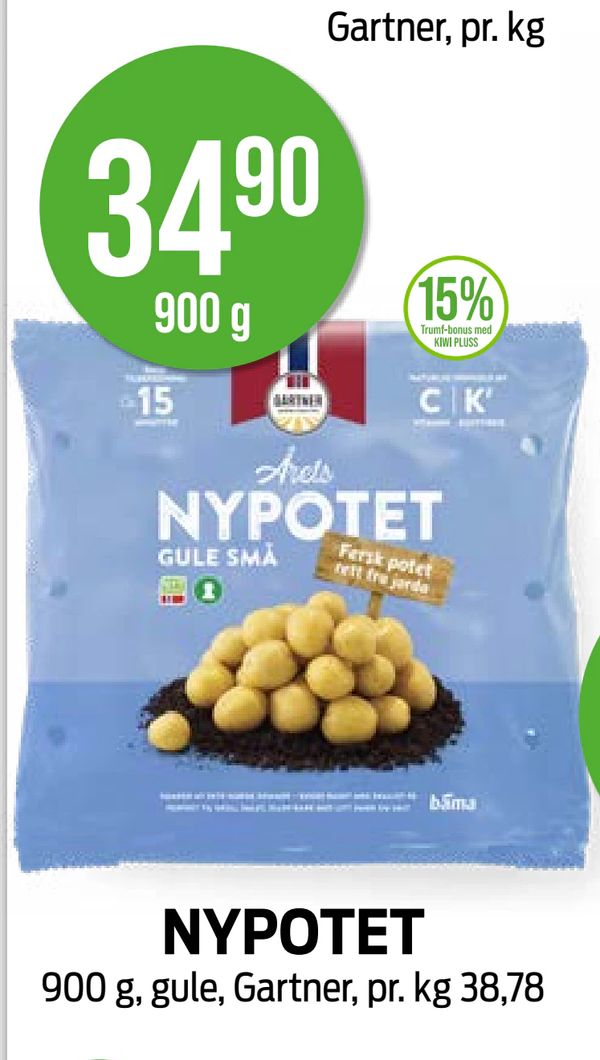 NYPOTET 900 g, gule, Gartner, pr. kg 38,78 34,90 900 g 15% Trumf-bonus med KIWI PLUSS