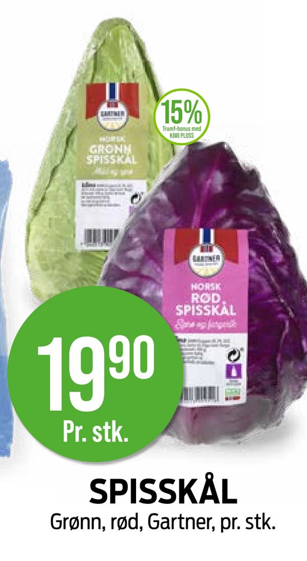 SPISSKÅL Grønn, rød, Gartner, pr. stk. 19,90 Pr. stk. 15% Trumf-bonus med KIWI PLUSS