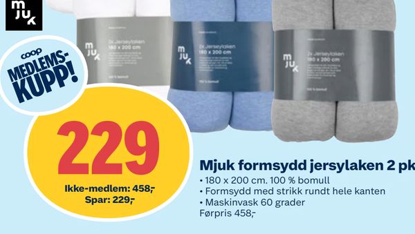 Mjuk formsydd jersylaken 2 pk 180 x 200 cm. 100 % bomull • Formsydd med strikk rundt hele kanten • Maskinvask 60 grader Førpris 458,-
Ikke-medlem: 458,-
Spar: 229,-