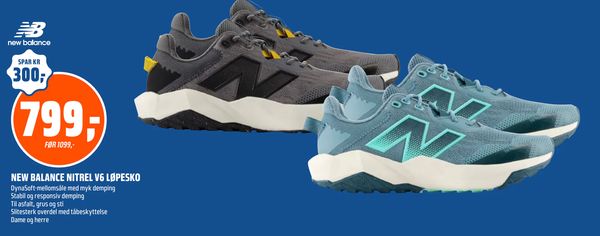 NEW BALANCE NITREL V6 LØPESKO DynaSoft-mellomsåle med myk demping Stabil og responsiv demping Til asfalt, grus og sti Slitesterk overdel med tåbeskyttelse Dame og herre