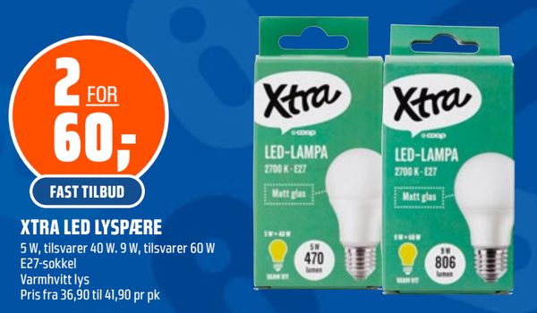XTRA LED LYSPÆRE 5 W, tilsvarer 40 W. 9 W, tilsvarer 60 W E27-sokkel Varmhvitt lys Pris fra 36,90 til 41,90 pr pk