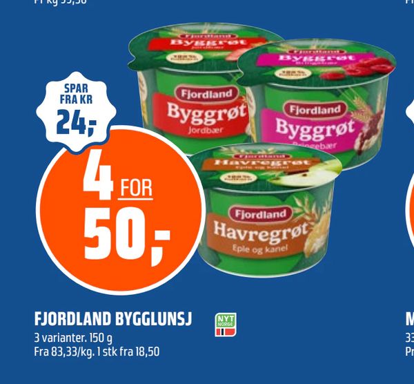 FJORDLAND BYGGLUNSJ SPAR FRA KR 24,- 4 FOR 50,- 3 varianter. 150 g Fra 83,33/kg. 1 stk fra 18,50 Fjordland Byggrøt Jordbær Havregrøt Eple og kanel NYT NORGE