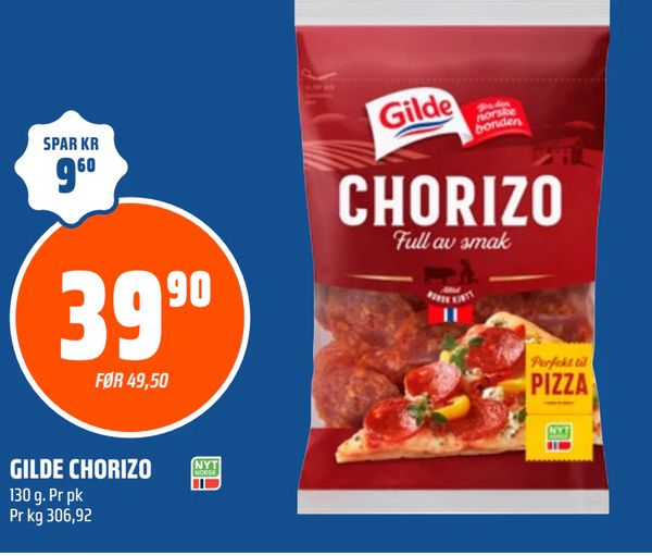 GILDE CHORIZO SPAR KR
960
3990
FØR 49,50
GILDE CHORIZO
130 g. Pr pk
Pr kg 306,92