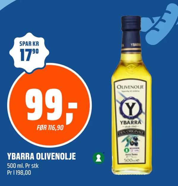 YBARRA OLIVENOLJE 500 ml. Pr stk Pr l 198,00 SPAR KR 17,90 99,- FØR 116,90