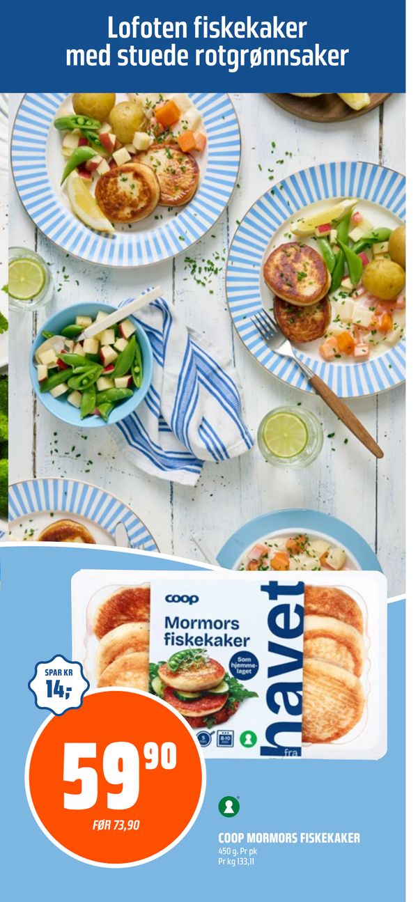 COOP MORMORS FISKEKAKER Lofoten fiskekaker med stuede rotgrønnsaker
450 g. Pr pk
Pr kg 133,11