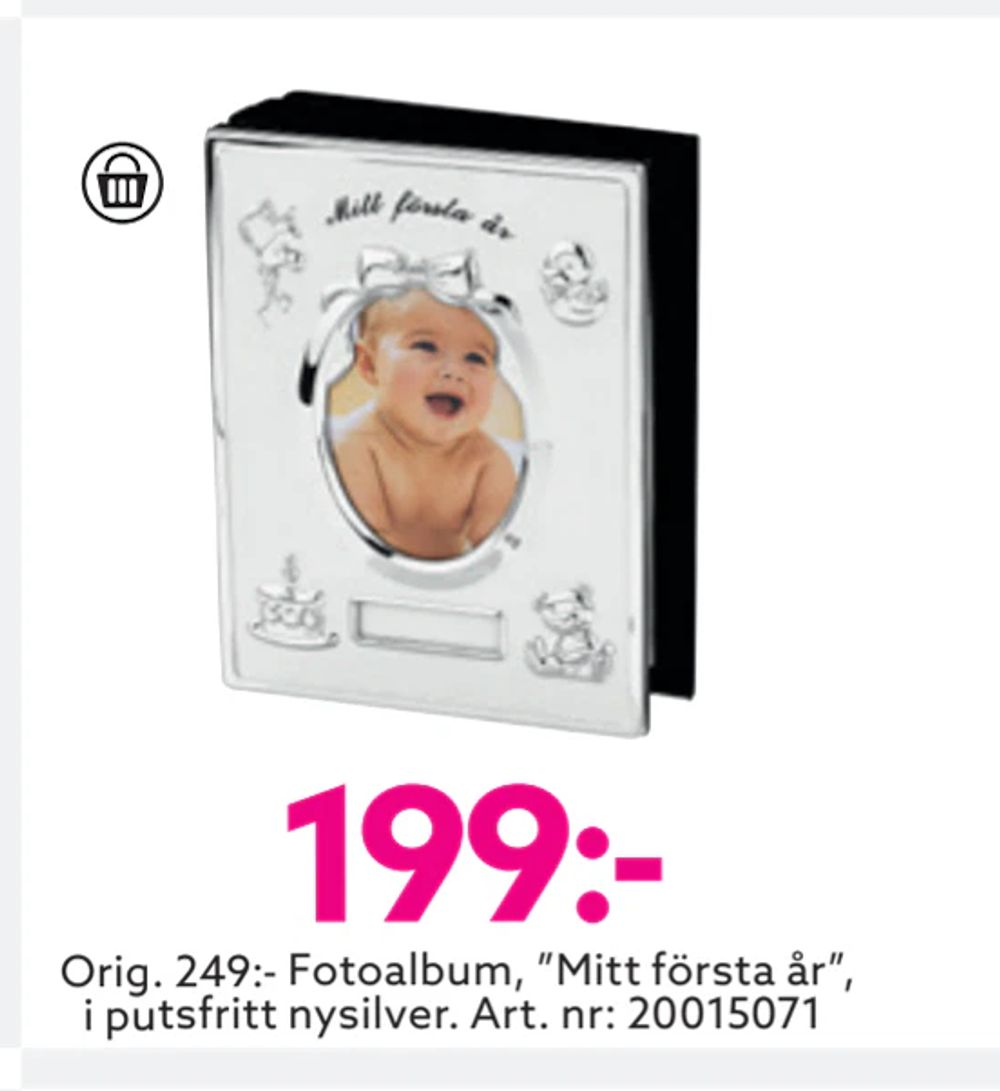Erbjudanden på Orig. 249:- Fotoalbum, ”Mitt första år”, i putsfritt nysilver. Art. nr: 20015071 från Albrekts guld för 199 kr