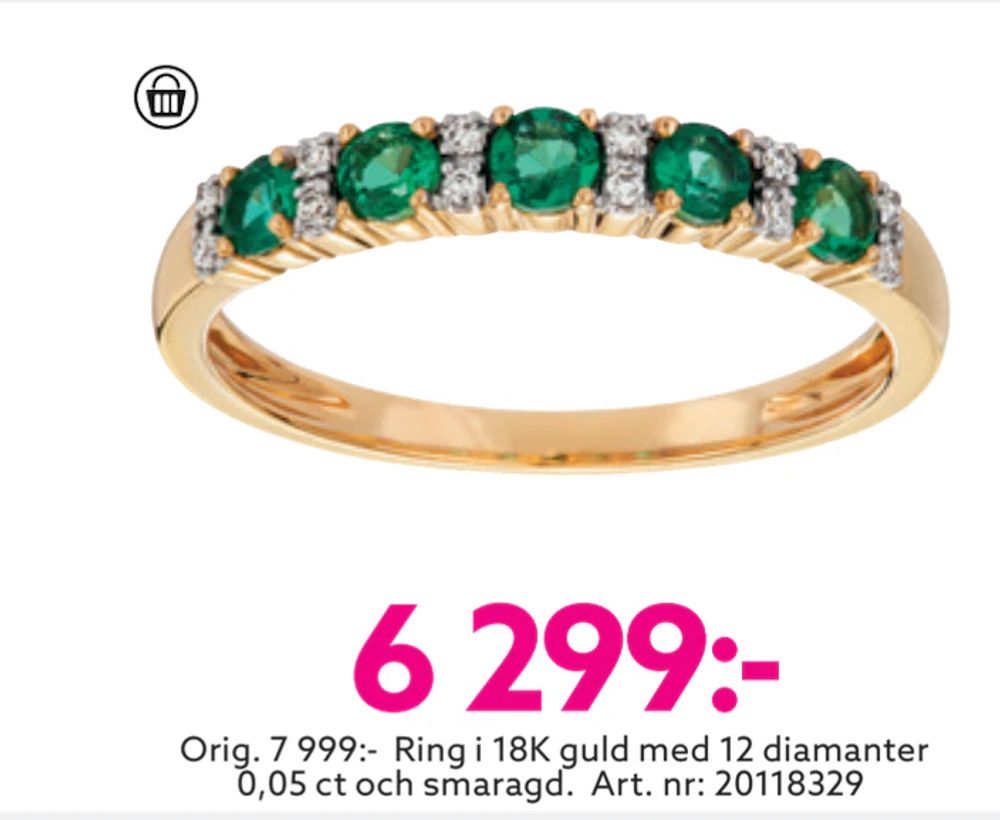 Erbjudanden på Ring i 18K guld med 12 diamanter 0,05 ct och smaragd. från Albrekts guld för 6 299 kr