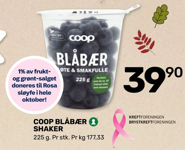 COOP BLÅBÆR SHAKER 225 g. Pr stk. Pr kg 177,33 1% av frukt- og grønt-salget doneres til Rosa sløyfe i hele oktober!