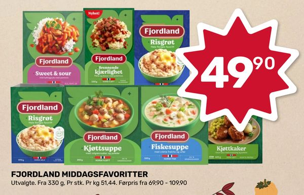 FJORDLAND MIDDAGSFAVORITTER Utvalgte. Fra 330 g, Pr stk. Pr kg 51,44. Førpris fra 69,90 - 109,90