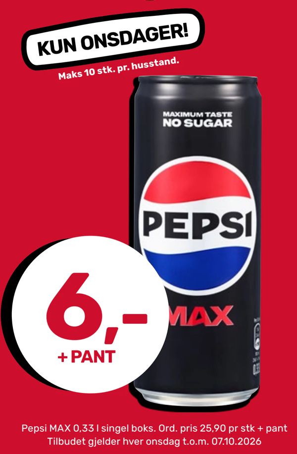 Pepsi MAX 0,33 l singel boks. Ord. pris 25,90 pr stk + pant Tilbudet gjelder hver onsdag t.o.m. 07.10.2026
KUN ONSDAGER! Maks 10 stk. pr. husstand.