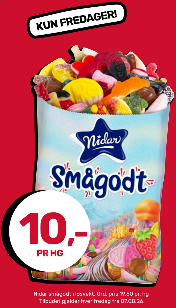 Nidar smågodt i løsvekt Ord. pris 19,50 pr. hg Tilbudet gjelder hver fredag fra 07.08.26
KUN FREDAGER!